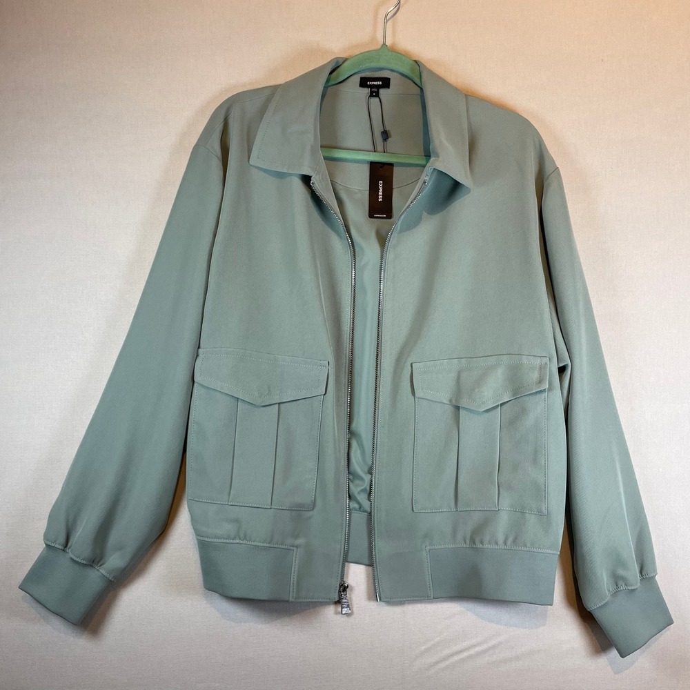 EXPRESS Women's Green Bomber Jacket Utility Cargo Pockets Full Zip - Size M - Picture 2 of 8